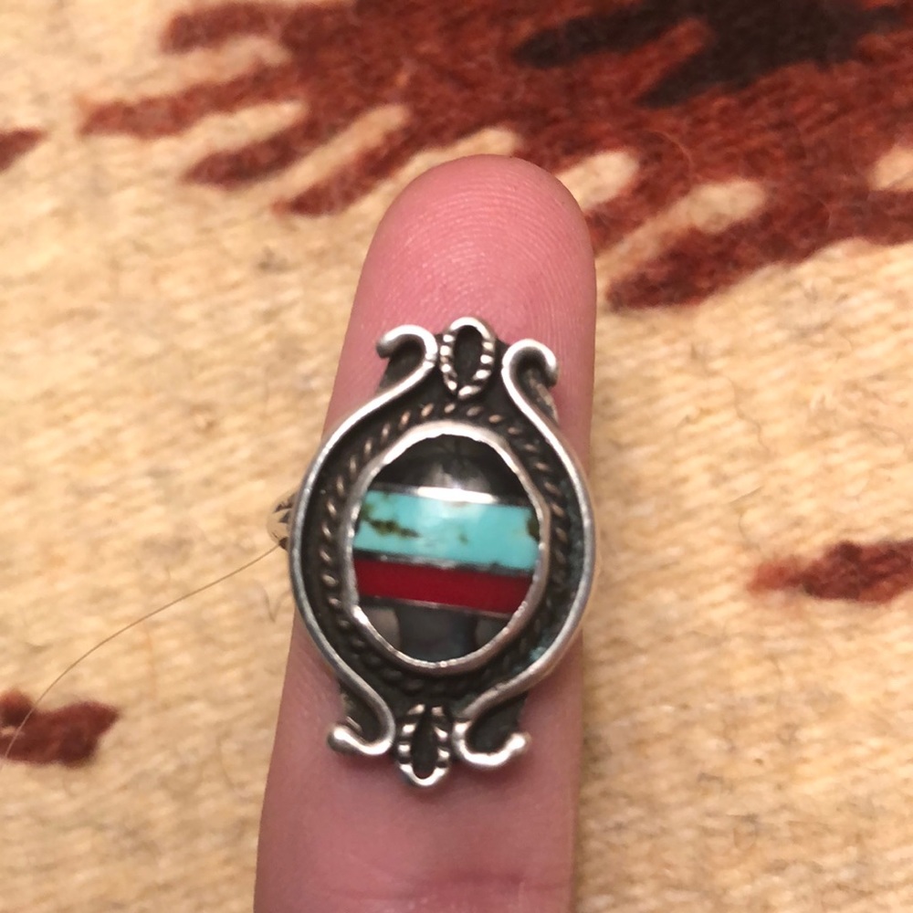 Sterling Native American turquoise, coral ring